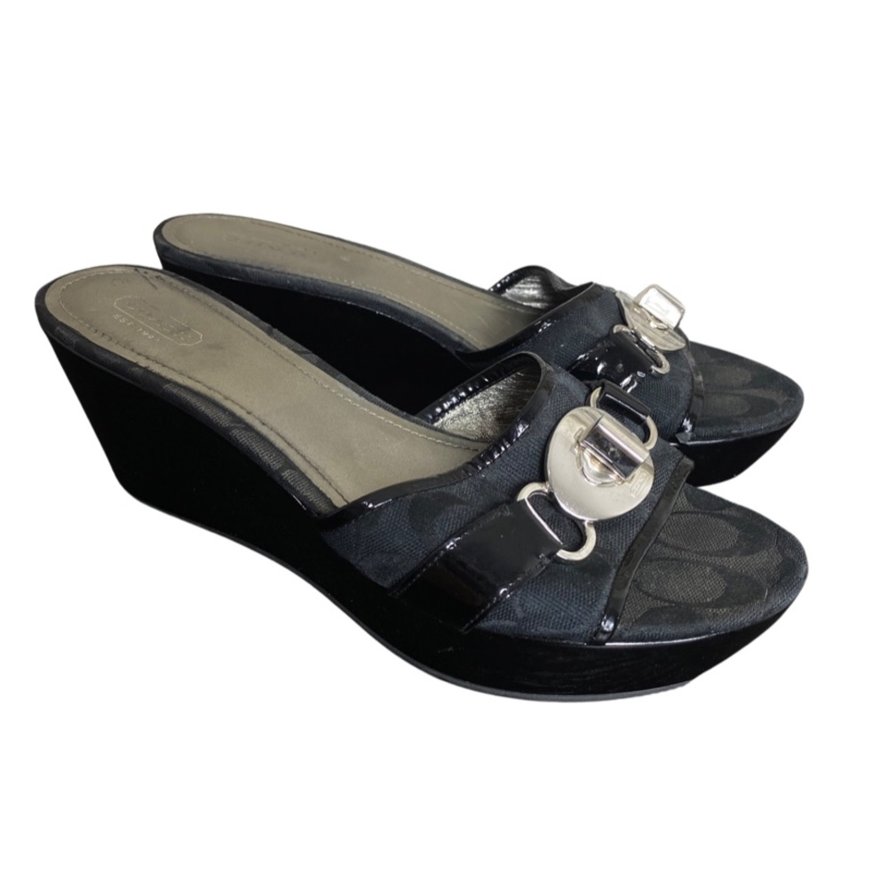 Coach Black Wedge Slide Sandals with Signature Hardware